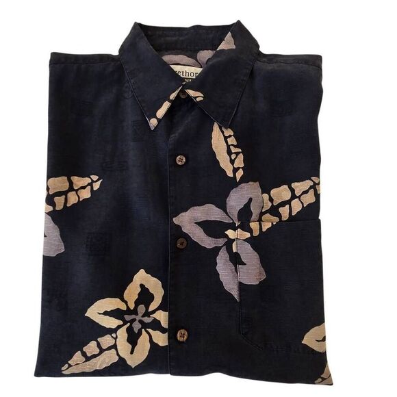 Firethorn Mens Floral 100% Silk Short Sleeve Hawaiian Shirt Black Medium - Picture 4 of 9